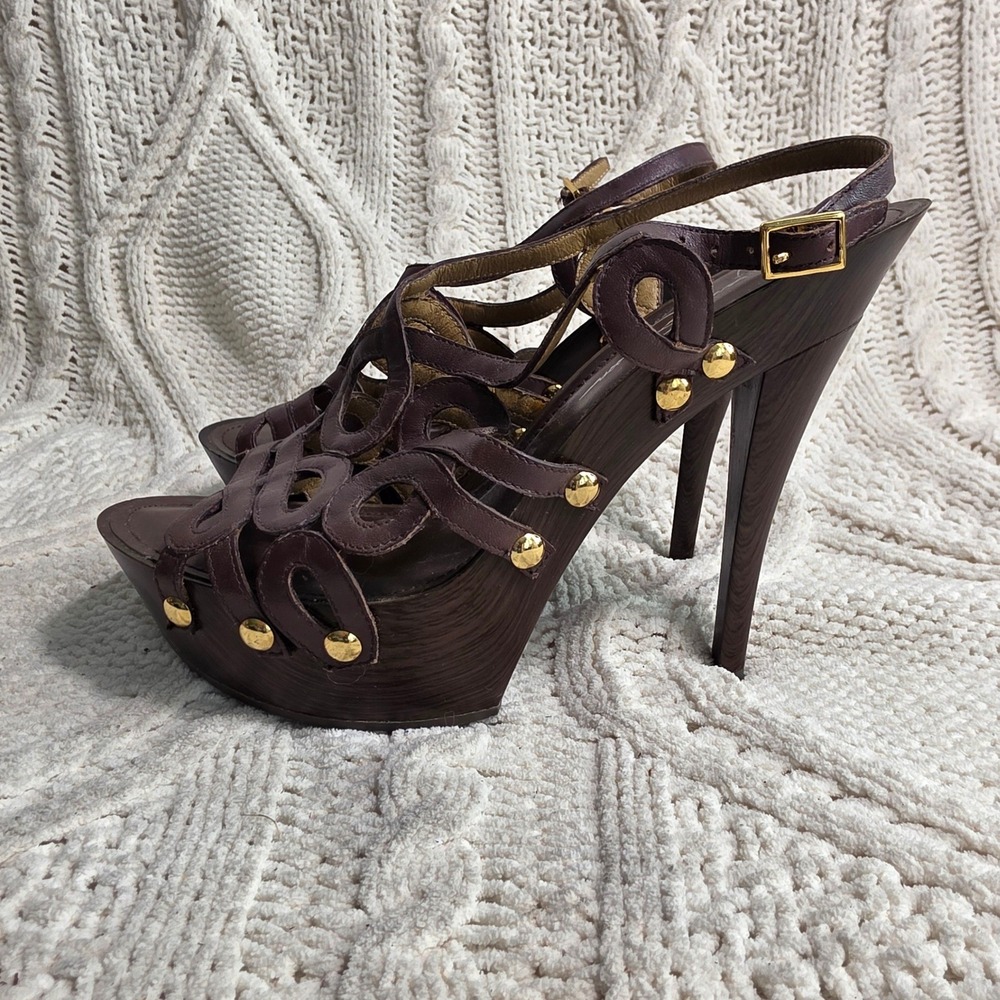 Jessica‎ Simpson Y2K Wood Platform Stiletto Sandals Brown Studded Women 8B